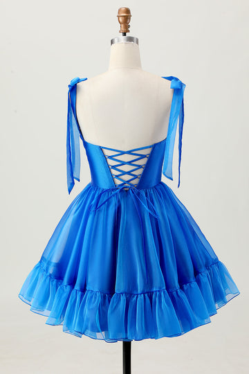 A Line Royal Blue Spaghetti Straps Ruffled Cocktail Dress